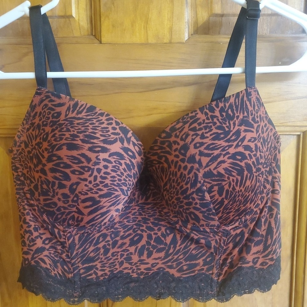 Victoria's Secret 34D Longline Bustier Bra Womens Rust Leopard Print Lace‎ Trim